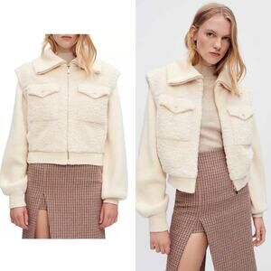 Maje Belio Furry Ecru Faux Fur and Knit Jacket Womens Sz FR 36  US S NWT